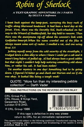 Robin Of Sherlock (UK) (1986) box cover back